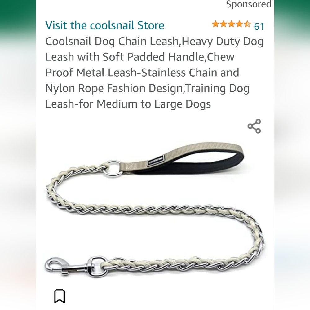 NEW Coolsnail Dog Leash~Chew Proof~Heavy Duty~Nylon/Stainless Steal~Padded Hand